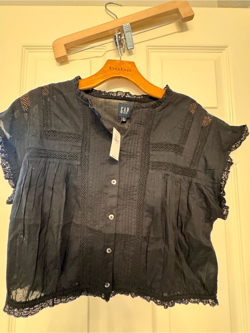 New- GAP ruffle Black Lace-Trim Button Front Blouse - Picture 3 of 7
